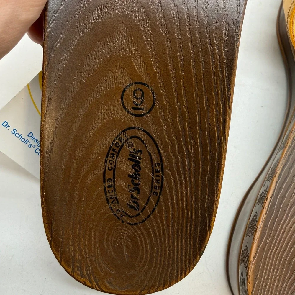 Dr Scholls Womens Yellow Faux Wood Wedge Slide Sandals Size 9 Retro Summer Boho